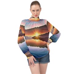 Majestic Lake High Neck Long Sleeve Chiffon Top by GardenOfOphir