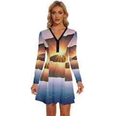 Majestic Lake Long Sleeve Deep V Mini Dress 