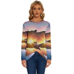 Majestic Lake Long Sleeve Crew Neck Pullover Top by GardenOfOphir