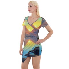 Benevolent Lake Short Sleeve Asymmetric Mini Dress by GardenOfOphir