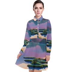 Astonishing Lake View Long Sleeve Chiffon Shirt Dress by GardenOfOphir