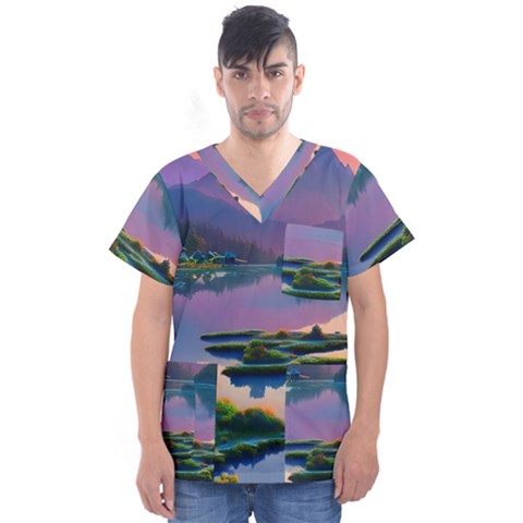 Astonishing Lake View Men s V-neck Scrub Top by GardenOfOphir