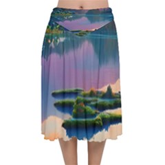 Astonishing Lake View Velvet Flared Midi Skirt by GardenOfOphir