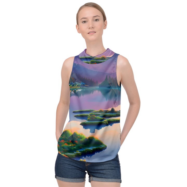 Astonishing Lake View High Neck Satin Top