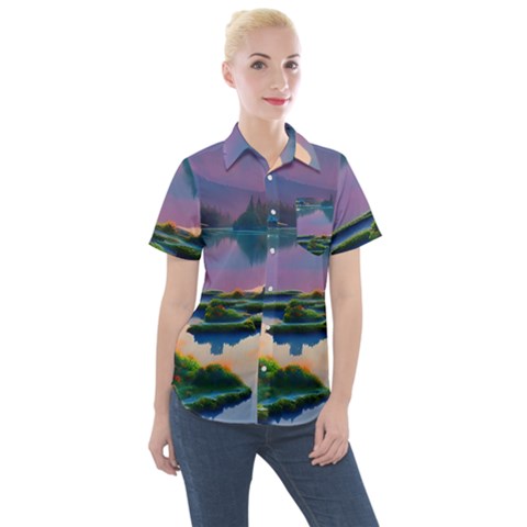 Astonishing Lake View Women s Short Sleeve Pocket Shirt by GardenOfOphir