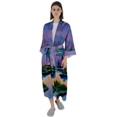 Astonishing Lake View Maxi Satin Kimono by GardenOfOphir