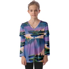 Astonishing Lake View Kids  V Neck Casual Top by GardenOfOphir