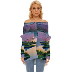 Astonishing Lake View Off Shoulder Chiffon Pocket Shirt by GardenOfOphir