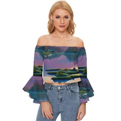 Astonishing Lake View Off Shoulder Flutter Bell Sleeve Top by GardenOfOphir