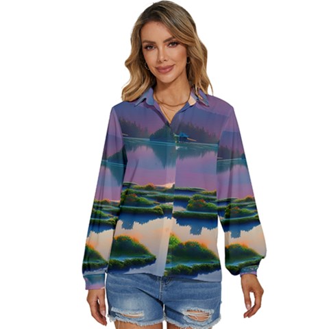 Astonishing Lake View Women s Long Sleeve Button Down Shirt by GardenOfOphir