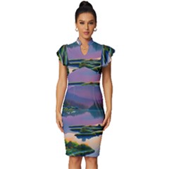 Astonishing Lake View Vintage Frill Sleeve V-neck Bodycon Dress by GardenOfOphir