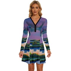 Astonishing Lake View Long Sleeve Deep V Mini Dress  by GardenOfOphir