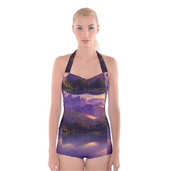 Colored Hues Sunset Boyleg Halter Swimsuit  by GardenOfOphir