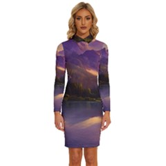 Colored Hues Sunset Long Sleeve Shirt Collar Bodycon Dress by GardenOfOphir