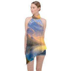 Benevolent Sunset Halter Asymmetric Satin Top by GardenOfOphir