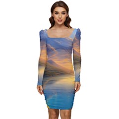 Benevolent Sunset Women Long Sleeve Ruched Stretch Jersey Dress by GardenOfOphir