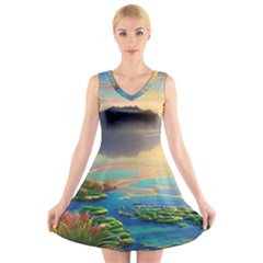 Breathtaking Sunset V-neck Sleeveless Dress by GardenOfOphir