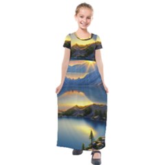 Crimson Sunset Kids  Short Sleeve Maxi Dress by GardenOfOphir