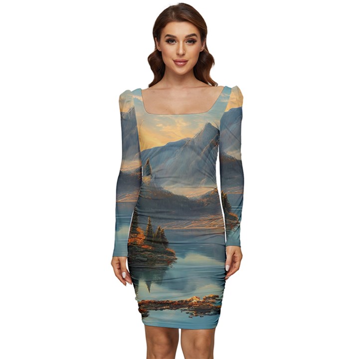 Dazzling Sunset Women Long Sleeve Ruched Stretch Jersey Dress