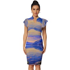 Dramatic Sunset Vintage Frill Sleeve V-neck Bodycon Dress by GardenOfOphir