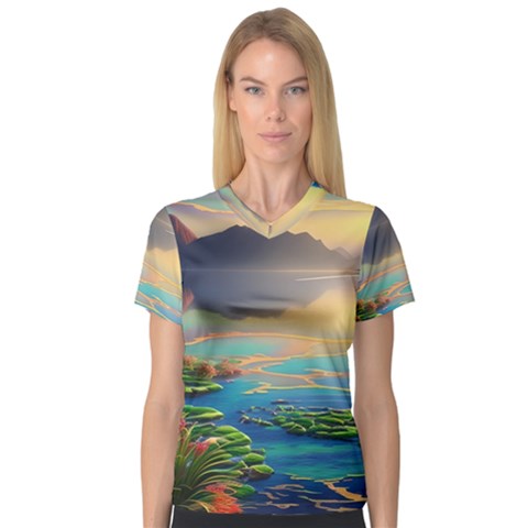 Exquisite Sunset V-neck Sport Mesh Tee by GardenOfOphir