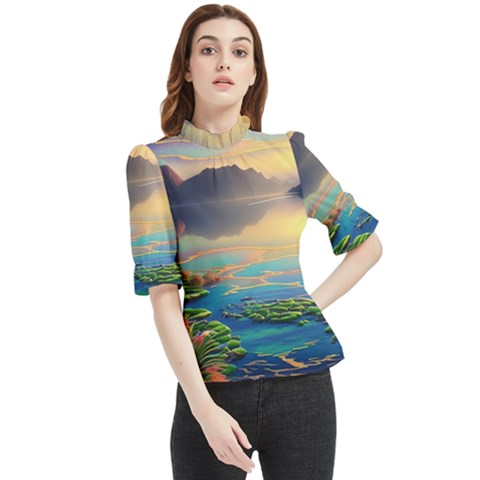 Exquisite Sunset Frill Neck Blouse by GardenOfOphir