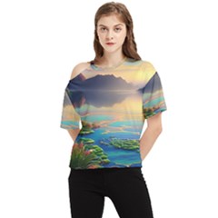 Exquisite Sunset One Shoulder Cut Out Tee by GardenOfOphir