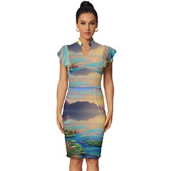 Exquisite Sunset Vintage Frill Sleeve V-neck Bodycon Dress by GardenOfOphir