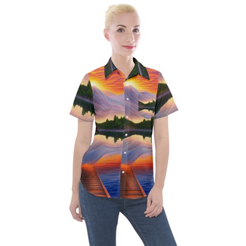 Flaming Sunset Women s Short Sleeve Pocket Shirt by GardenOfOphir