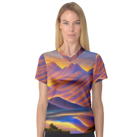 Great Sunset V-neck Sport Mesh Tee by GardenOfOphir