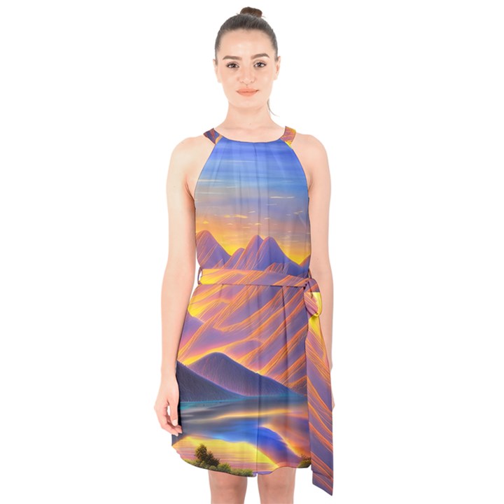 Great Sunset Halter Collar Waist Tie Chiffon Dress