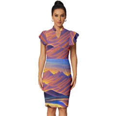 Great Sunset Vintage Frill Sleeve V-neck Bodycon Dress by GardenOfOphir