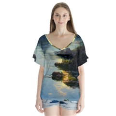 Incredible Sunset V-neck Flutter Sleeve Top by GardenOfOphir