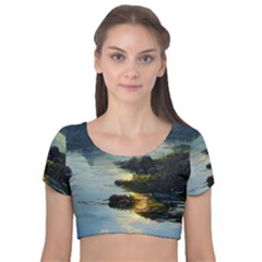 Incredible Sunset Velvet Short Sleeve Crop Top  by GardenOfOphir