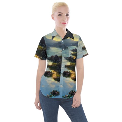 Incredible Sunset Women s Short Sleeve Pocket Shirt by GardenOfOphir