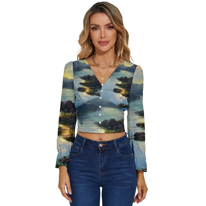 Incredible Sunset Long Sleeve V-Neck Top