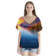 Immaculate Sunset V-Neck Flutter Sleeve Top