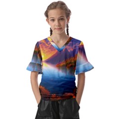 Immaculate Sunset Kids  V-neck Horn Sleeve Blouse by GardenOfOphir