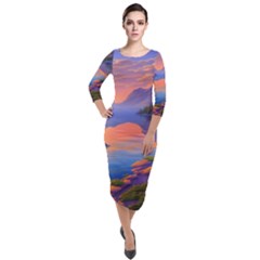 Loveliest Sunset Quarter Sleeve Midi Velour Bodycon Dress by GardenOfOphir