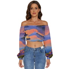 Loveliest Sunset Long Sleeve Crinkled Weave Crop Top by GardenOfOphir