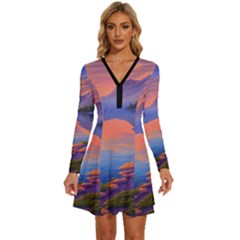 Loveliest Sunset Long Sleeve Deep V Mini Dress  by GardenOfOphir