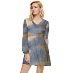 Marvelous Sunset Tiered Long Sleeve Mini Dress by GardenOfOphir