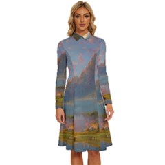 Marvelous Sunset Long Sleeve Shirt Collar A-line Dress by GardenOfOphir