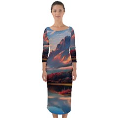 Opulent Sunset Quarter Sleeve Midi Bodycon Dress by GardenOfOphir