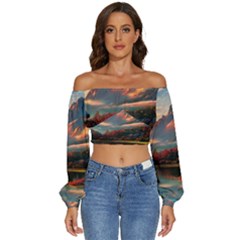 Opulent Sunset Long Sleeve Crinkled Weave Crop Top by GardenOfOphir