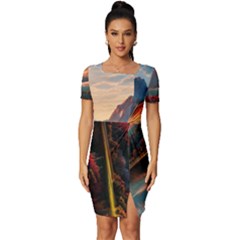 Opulent Sunset Fitted Knot Split End Bodycon Dress by GardenOfOphir