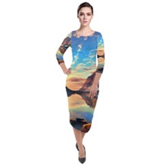 Portentous Sunset Quarter Sleeve Midi Velour Bodycon Dress by GardenOfOphir