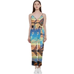 Portentous Sunset V-neck Spaghetti Strap Tie Front Jumpsuit by GardenOfOphir