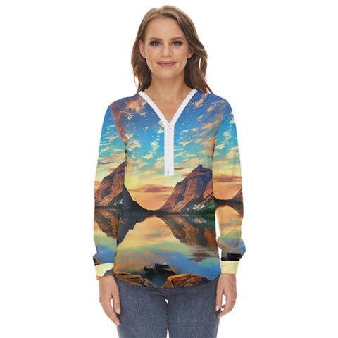 Portentous Sunset Zip Up Long Sleeve Blouse by GardenOfOphir