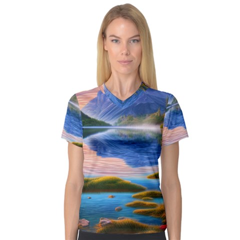 Romantic Lake Sunset V-neck Sport Mesh Tee by GardenOfOphir